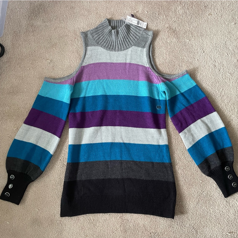 NWT New York and Company Multi Color Striped Cold Shoulder Sweater